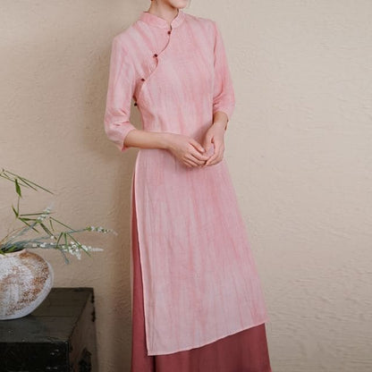 Elbow-Sleeve Striped Side-Slit Midi Hanfu Dress / Mid Rise