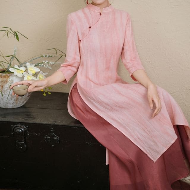 Elbow-Sleeve Striped Side-Slit Midi Hanfu Dress / Mid Rise