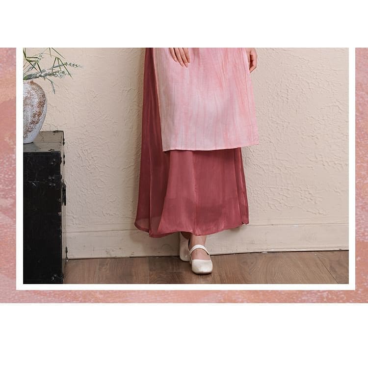 Elbow-Sleeve Striped Side-Slit Midi Hanfu Dress / Mid Rise