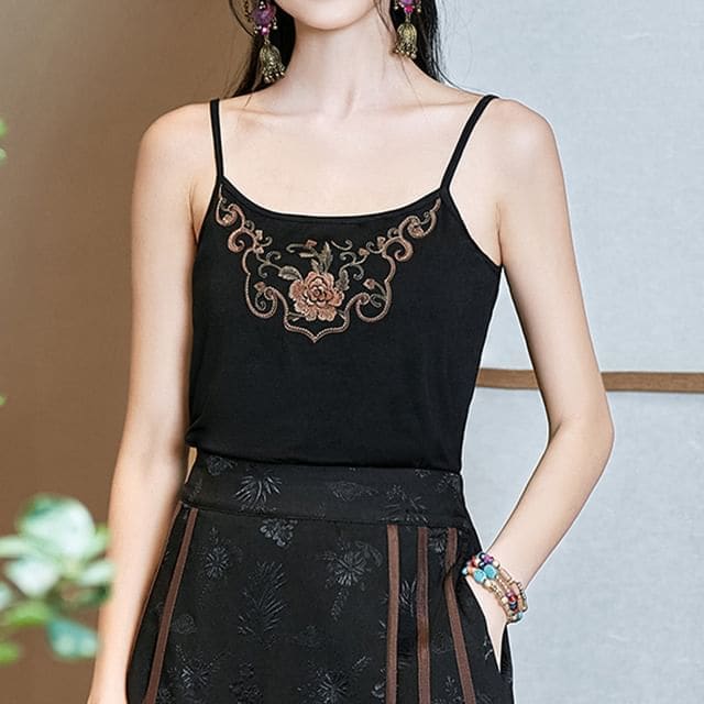 Elbow-Sleeve V-Neck Floral Embroidered Peplum Frog Closure