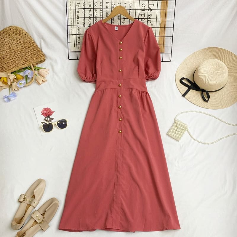 Elbow-Sleeve V-Neck Plain Button Midi A-Line Dress