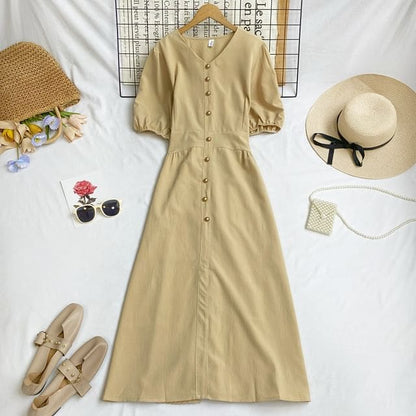 Elbow-Sleeve V-Neck Plain Button Midi A-Line Dress - Almond