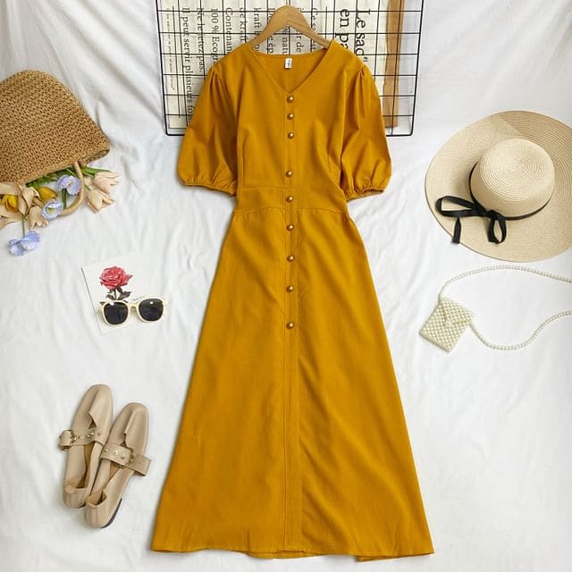 Elbow-Sleeve V-Neck Plain Button Midi A-Line Dress - Yellow