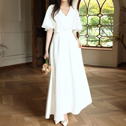 Elbow-Sleeve V-Neck Plain Maxi A-Line Dress - White / XS