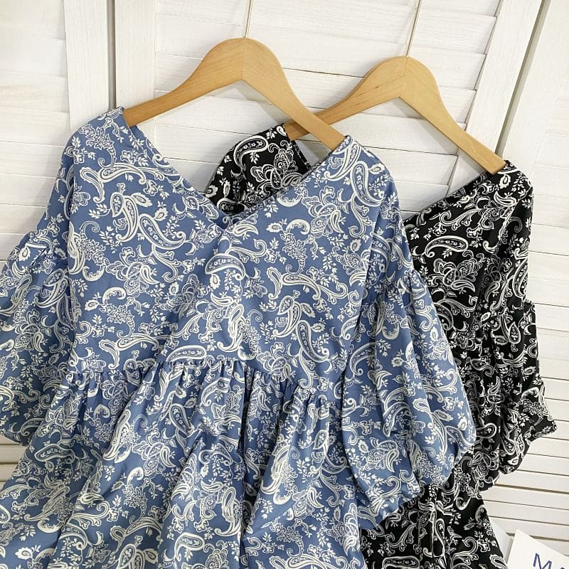 Elbow-Sleeve V-Neck Print Mini A-Line Dress