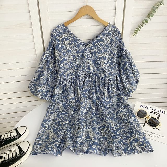 Elbow-Sleeve V-Neck Print Mini A-Line Dress - Blue