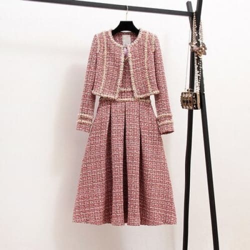 Elegant 2 Piece Set Tweed Short Jacket Coat Beading Vest