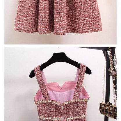 Elegant 2 Piece Set Tweed Short Jacket Coat Beading Vest