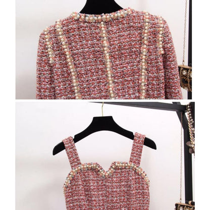 Elegant 2 Piece Set Tweed Short Jacket Coat Beading Vest