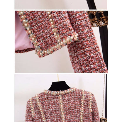 Elegant 2 Piece Set Tweed Short Jacket Coat Beading Vest