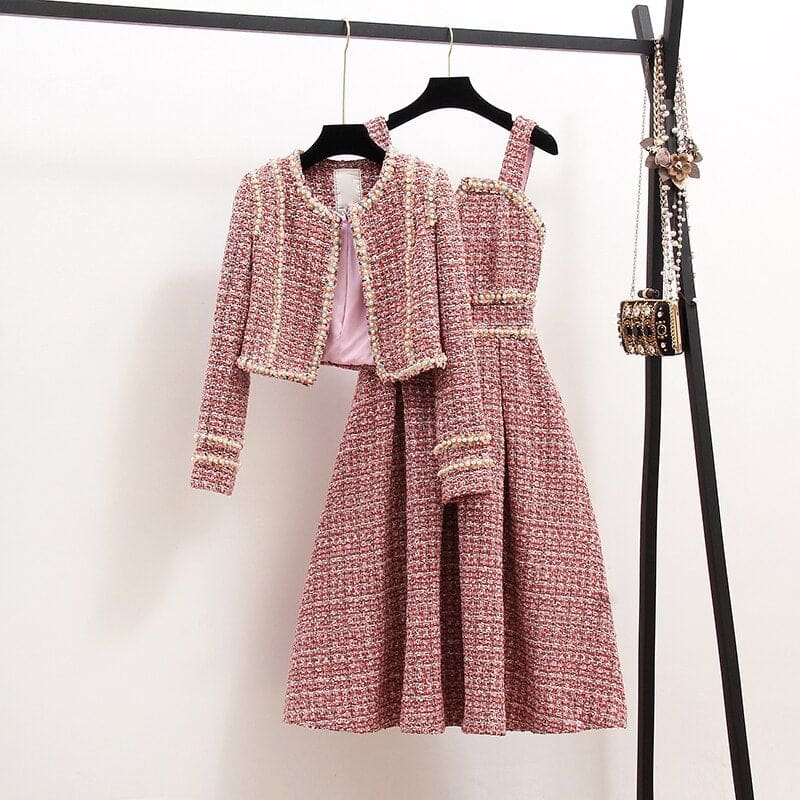 Elegant 2 Piece Set Tweed Short Jacket Coat Beading Vest