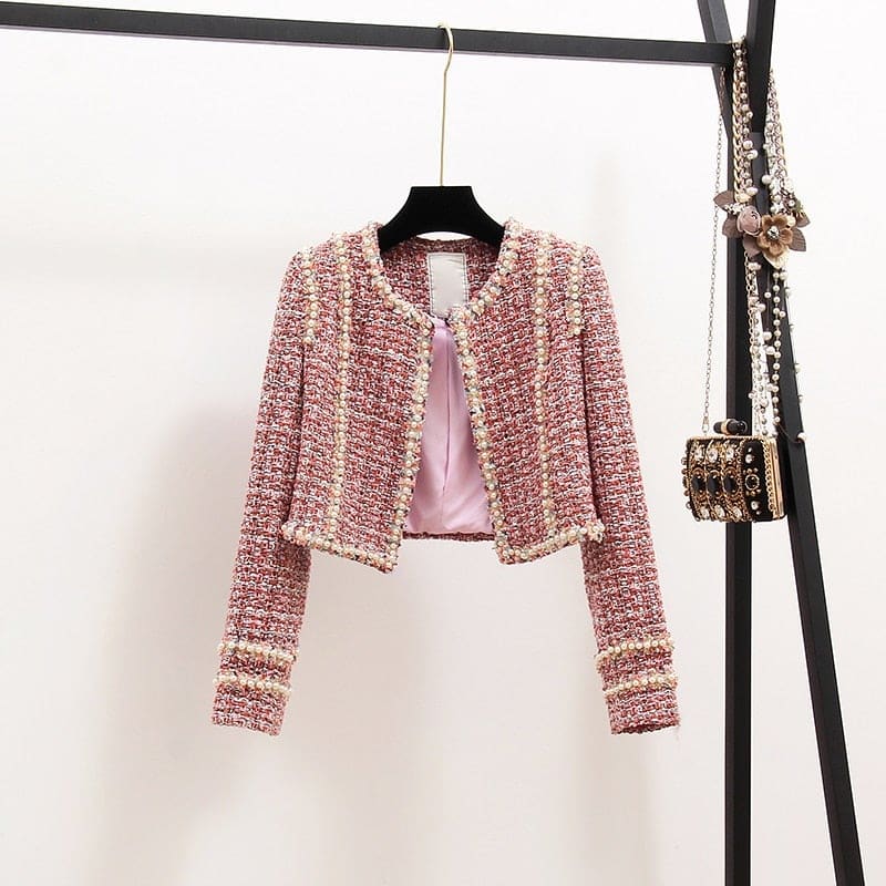 Elegant 2 Piece Set Tweed Short Jacket Coat Beading Vest