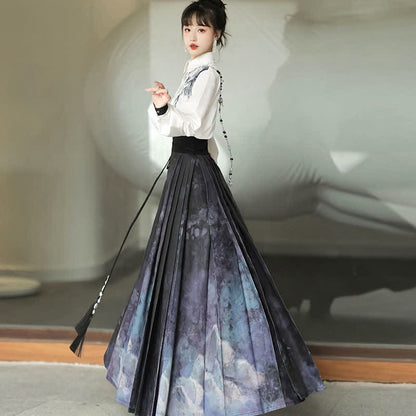 Elegant Bamboo Ink Painting Shirt Lace Up Pleated Skirt