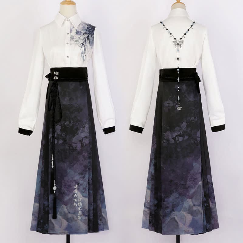 Elegant Bamboo Ink Painting Shirt Lace Up Pleated Skirt