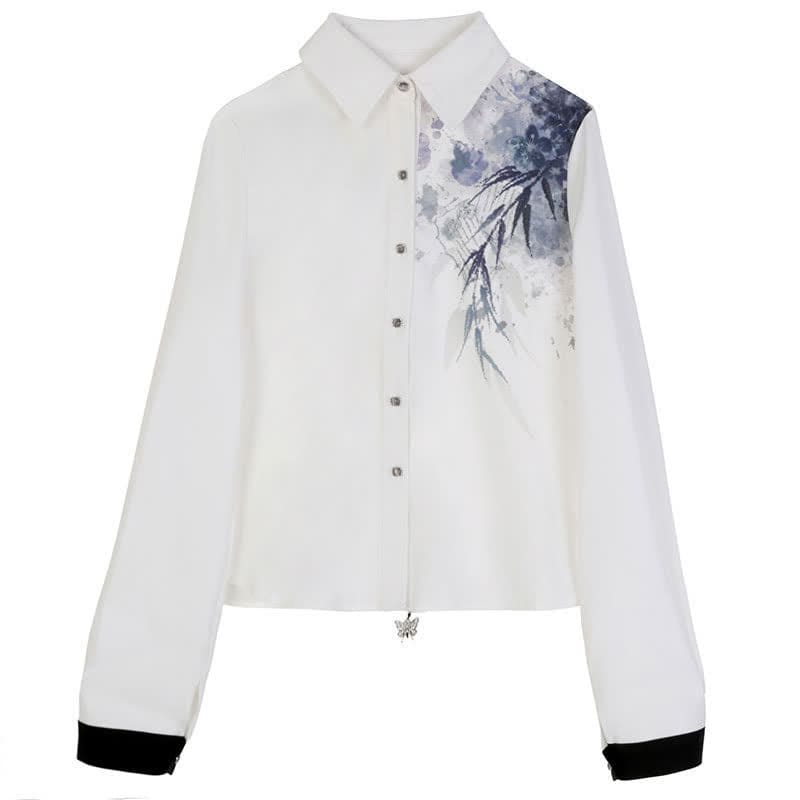 Elegant Bamboo Ink Painting Shirt Lace Up Pleated Skirt