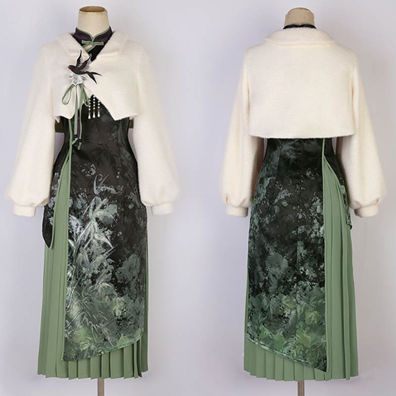 Elegant Bamboo Print Cheongsam Dress Pleated Skirt