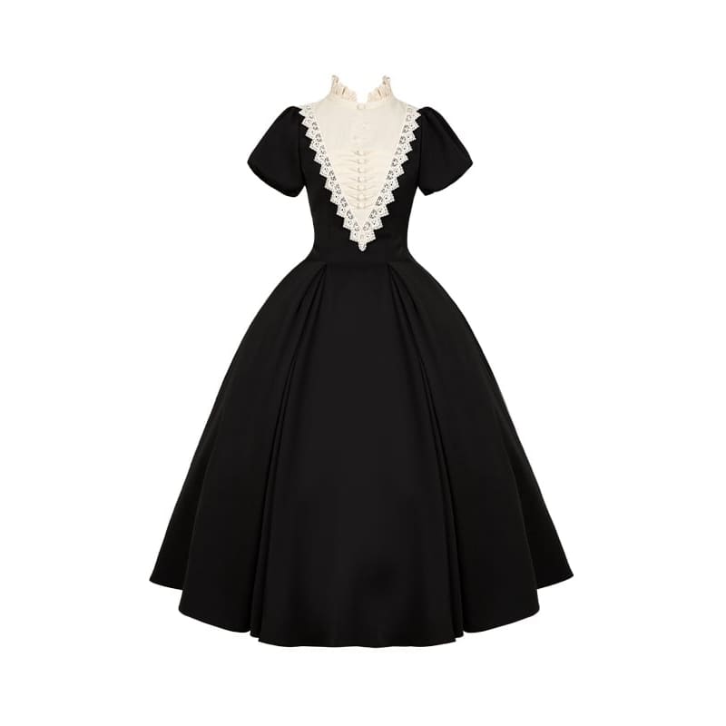 Elegant Black and Beige Ruffle Banded Collar Long Dress