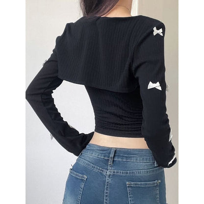 Elegant Black Bow-sleeve Top - long sleeve tops