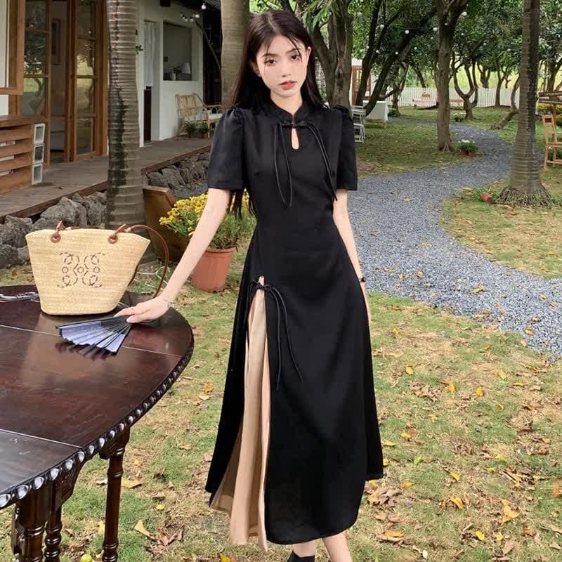 Elegant Black Buckle Split A-line Cheongsam Dress