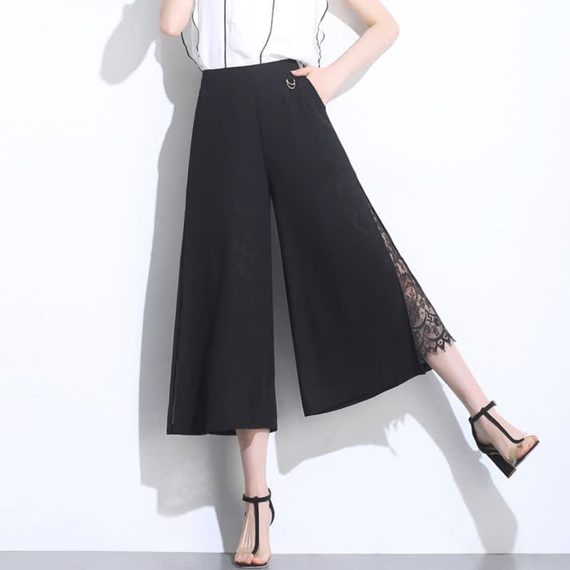 Elegant Black Lace Stitching Wide Leg Pants - Black / M