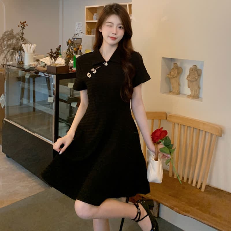 Elegant Black Lapel A-line Cheongsam Dress