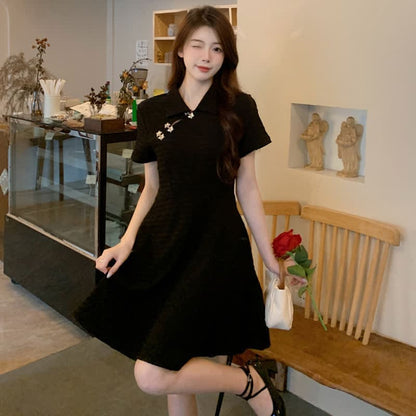 Elegant Black Lapel A-line Cheongsam Dress