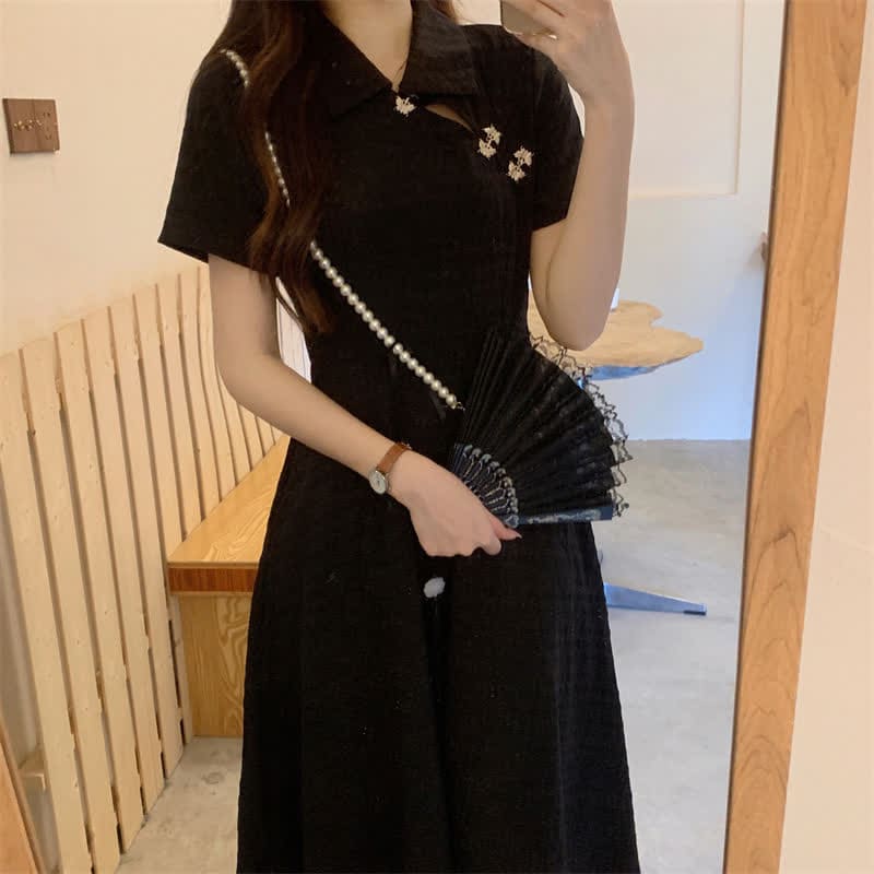 Elegant Black Lapel A-line Cheongsam Dress