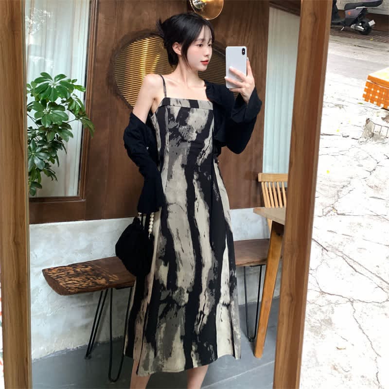 Elegant Black Short Cardigan Ink Painting Print Slip Dress