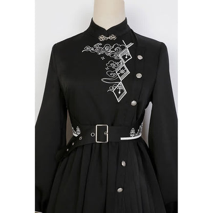 Elegant Black Vintage Embroidery Belted Pleated Dress