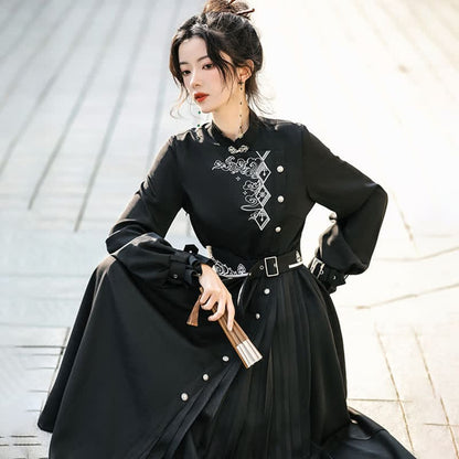 Elegant Black Vintage Embroidery Belted Pleated Dress