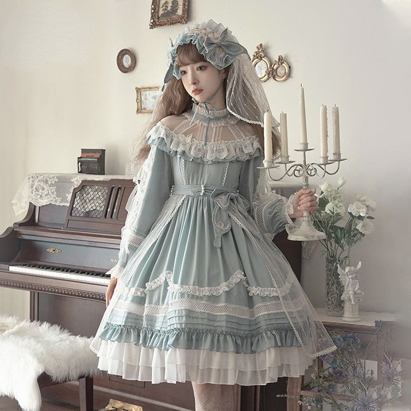 Elegant Blue Lace Lolita Dress MK17637 - Full set (OP dress