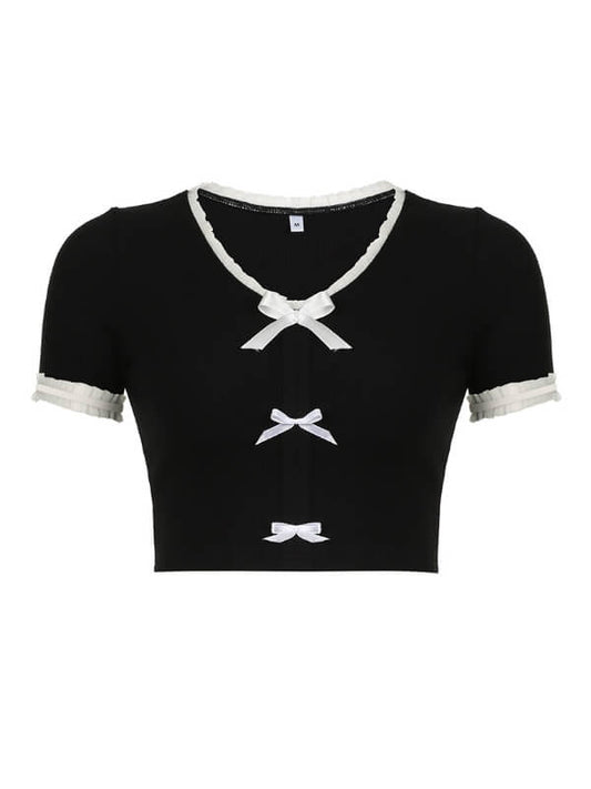 Elegant Bow Black Top - short sleeve tops