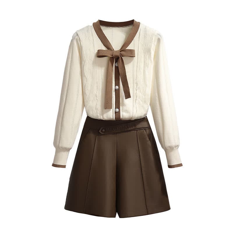 Elegant Bowknot Cardigan Sweater Elastic Waist Shorts