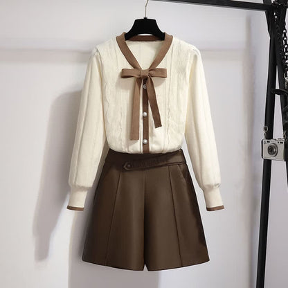 Elegant Bowknot Cardigan Sweater Elastic Waist Shorts