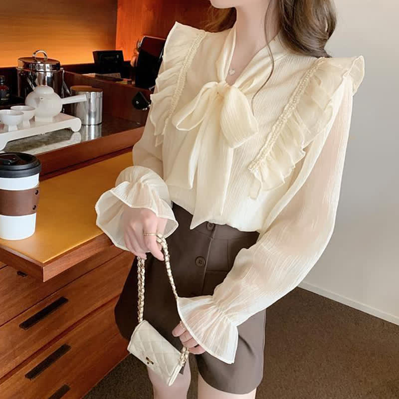 Elegant Bowknot Flouncing Chiffon Shirt