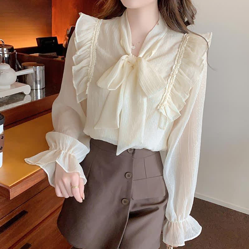 Elegant Bowknot Flouncing Chiffon Shirt