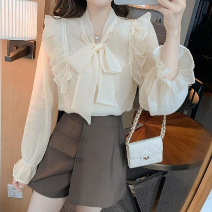 Elegant Bowknot Flouncing Chiffon Shirt