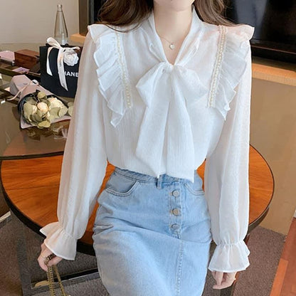 Elegant Bowknot Flouncing Chiffon Shirt