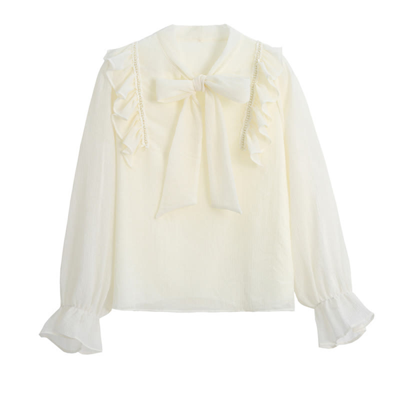 Elegant Bowknot Flouncing Chiffon Shirt - Apricot / M