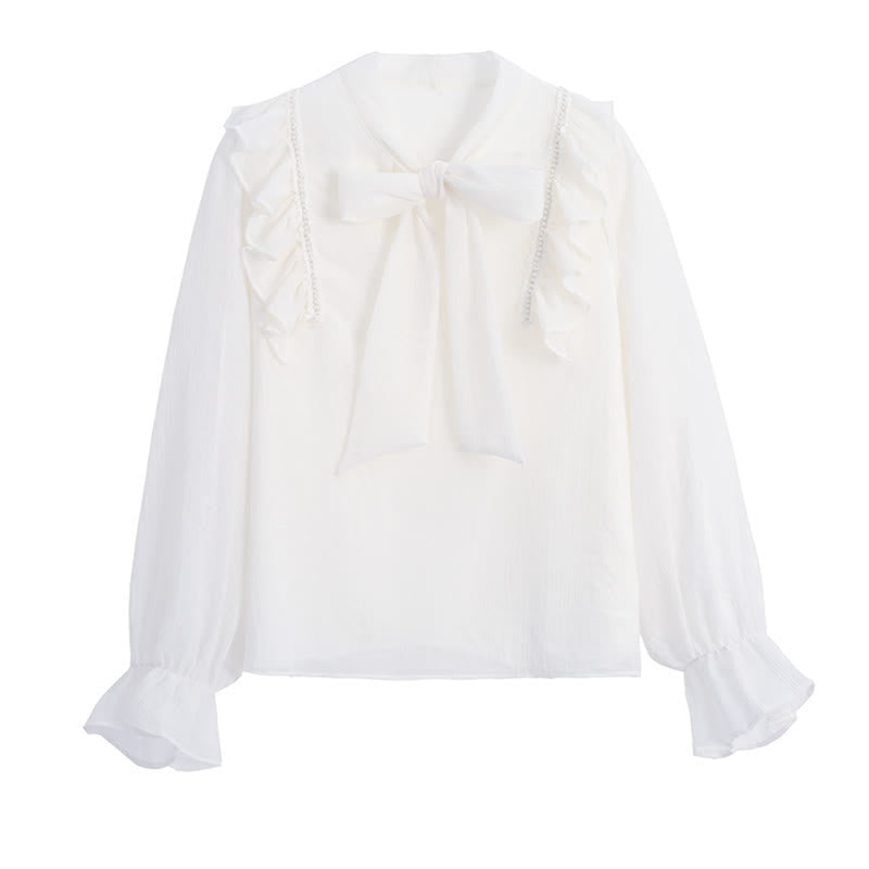 Elegant Bowknot Flouncing Chiffon Shirt - White / M