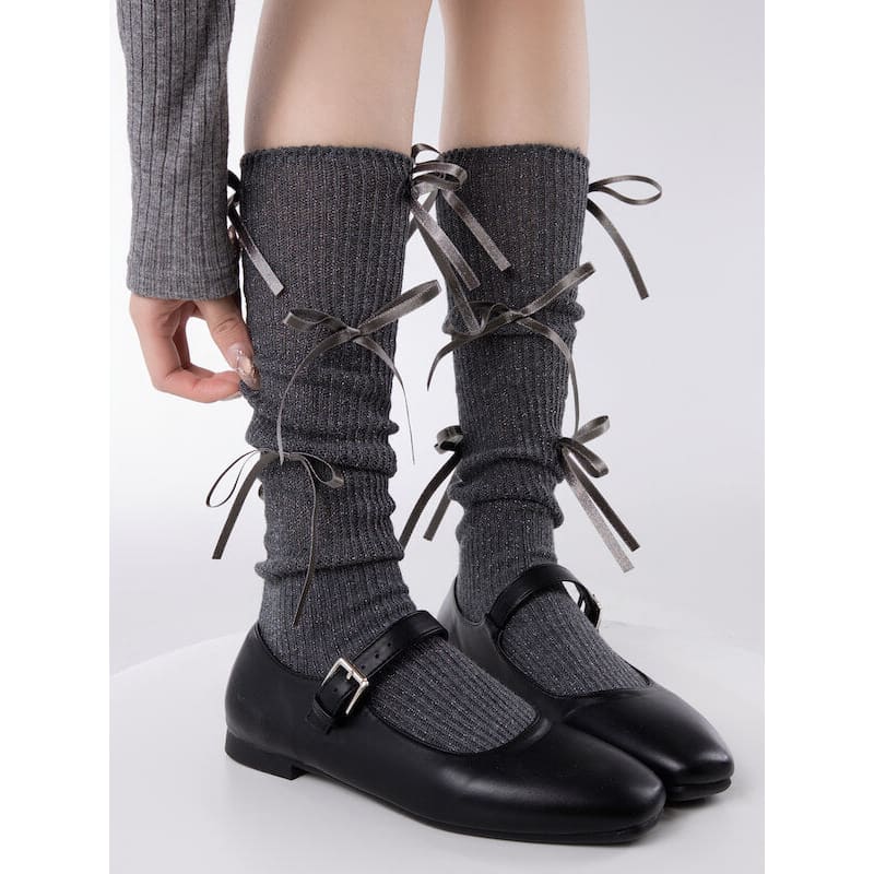 Elegant Bows Stockings - Dark Grey - Stockings