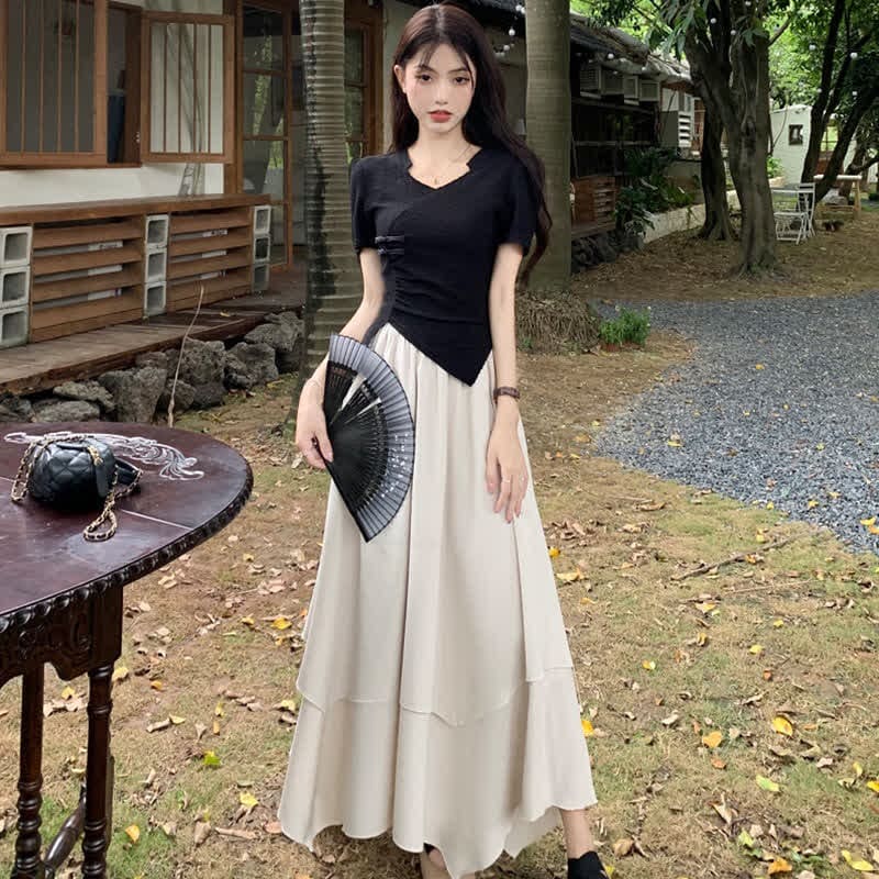 Elegant Buckle Irregular T-Shirt Layered Midi Skirt Set