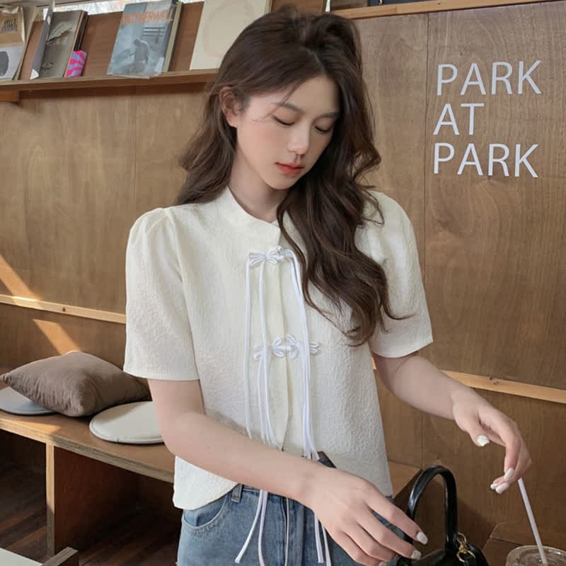 Elegant Buckle Puff Sleeve Loose T-Shirt