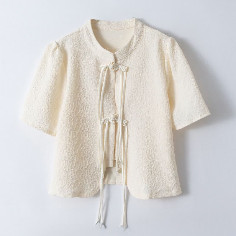 Elegant Buckle Puff Sleeve Loose T-Shirt - Apricot / M