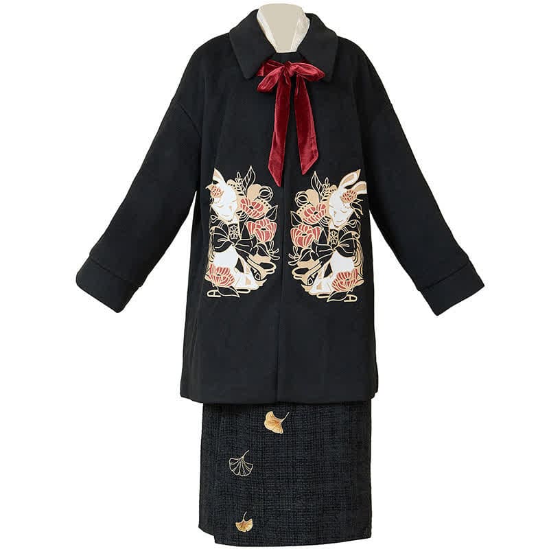 Elegant Bunny Embroideried Coat Shirt Floral High Waist