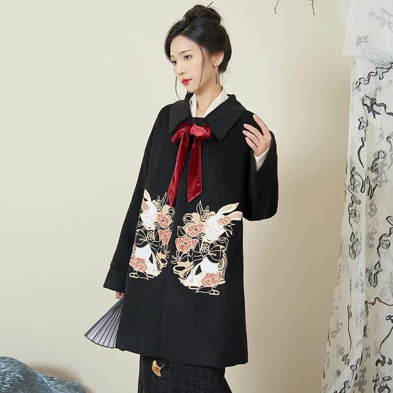 Elegant Bunny Embroideried Coat Shirt Floral High Waist