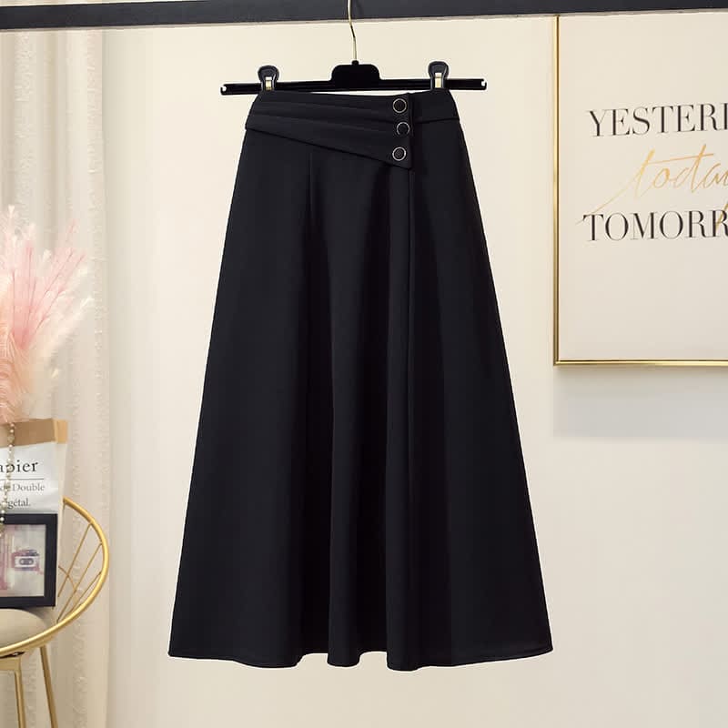 Elegant Button Front Skirt - Black / M