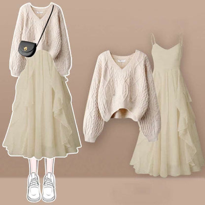 Elegant Cable Knit Sweater Flouncing Slip Dress Set