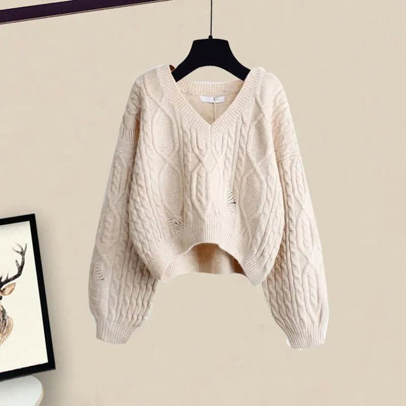 Elegant Cable Knit Sweater Flouncing Slip Dress Set