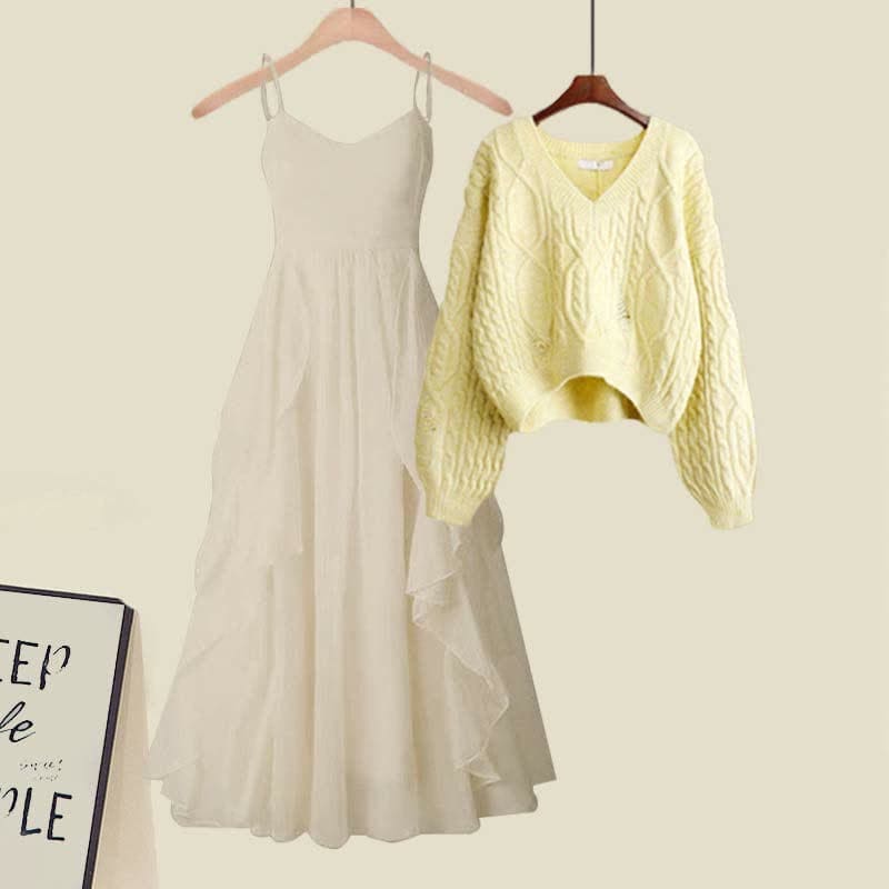 Elegant Cable Knit Sweater Flouncing Slip Dress Set